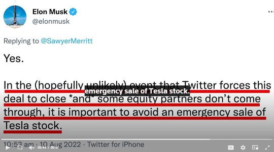 Elon Musk bleibt zuversichtlich, dass er Twitter nicht übernehmen muss. Für den Fall der Fälle will er aber einen Kursabsturz von Tesla vermeiden...           (Bild: Twitter)
