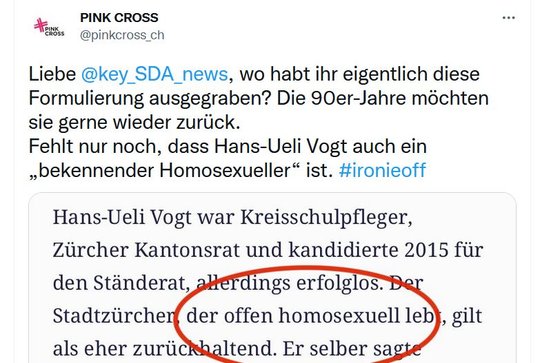 Die verärgerte Antwort von Pink Cross auf den Tweet der Nachrichtenagentur Keystone-SDA... (Bild: Screenshot twitter.com)