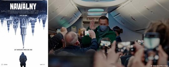 Das Filmplakat sowie die Szene, wo Nawalny sich im Flugzeug von den Medcienleuten verabschiedet, bevor er in Moskau verhaftet wird...        (Bilder: Warner Bros.)
