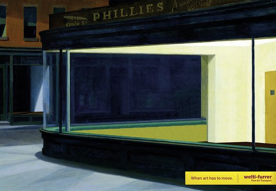 So sieht ein Gemälde von Edward Hopper aus, wenn es von Ruf Lanz für Cannes kreativ bearbeitet worden ist und das Inventar von Welti Furrer bereits gezügelt...