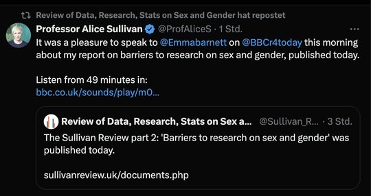 Professorin Alice Sullivan, die den Bericht des britischen Staates zu den Auswirkungen der Gender-Theorie verfasste...  (Bild: Tweet/A. Sullivan)