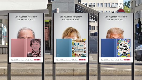 Die Motive der Plakat-Kampagne spielen via Buchtitel auf gegenwärtige Themen an...           (Bilder: Ruf Lanz)