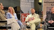 «G&G»-Moderatorin Jennifer Bosshard (l.) plauderte aus dem Nähkästchen über ihre Chefin Paola Biason neben ihr, die sie auch entdeckt hat, neben G&G»-Moderator Michel Birri und Buchautor Thomas Renggli (r.)...   (Bild: © Klein Report)