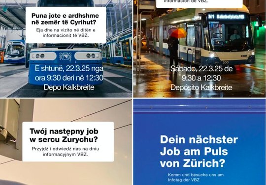 Auch auf Ukrainisch, Albanisch und Polnisch macht die Kampagne auf die VBZ als Arbeitgeberin aufmerksam... (Bild: zVg)