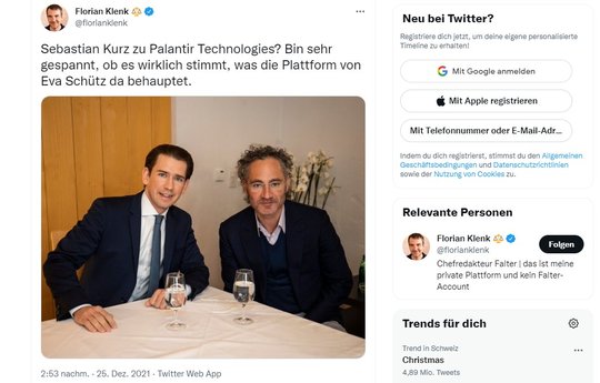 «Falter»-Chefredaktor Florian Klenk zweifelt noch, ob das Gerücht mit Palantir stimmt. Sein Post auf Twitter zeigt Sebastian Kurz zusammen mit Palantir-CEO Alex Karp...