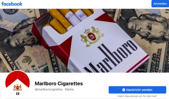 Tabakwerbung erreicht Jugendliche zielsicher auf den sozialen Medien. (Bild Screenshot Facebook)