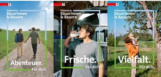Die Motive zeigen Menschen aus der Stadt, die auf Land und Hof in den Genuss der Leistungen der Schweizer Bäuerinnen und Bauern kommen...