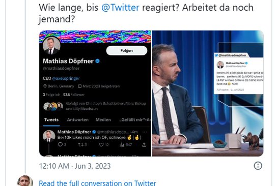 Jan Böhmermann liest vor, wie im Fake-Account Mathias Döpfner mit Elon Musk über die politische Ausrichtung von Twitter chattet...         (Screenshot Account Anton Rainer)