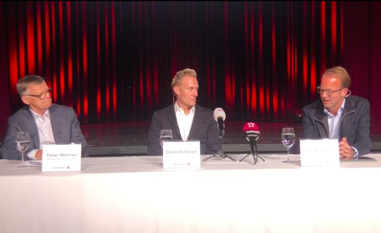 Peter Wanner, Dominik Kaiser und Axel Wüstmann (v.l.) im Kaufleuten:  «Alle bestehenden 3+-Aktionäre haben alle Aktien verkauft.»