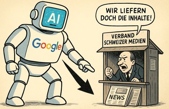 Lieber ChatGPT, wie würdest du den Streit zwischen Google und dem Verband Schweizer Medien in einem Bild darstellen? (Bild: KI-generiert / chatgpt.com)