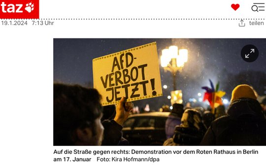 Mit «AfD-Verbot und Höcke-Petition: Deutschland erwacht» sorgt die linke Zeitung für Kommentare, unter anderen vom Publizisten Norbert Bolz... (Bild: Screenshot taz.de)