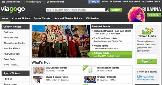Viagogo bietet auf seiner Webseite Eintrittskarten oft zu massiv überhöhten Preisen an, ohne dass die echten Veranstalter etwas davon haben...           (Screenshot Webseite)
