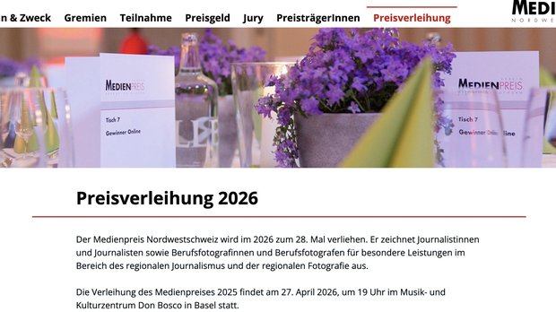 Preise in den Kategorien Radio, Print, Foto und TV. Zusätzlich wurde ein Recherche-Preis verliehen… (Screens. medienpreis-nordwestschweiz.ch)