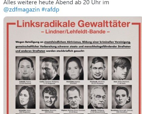Satire-Plakat im RAF-Stil: Für Hinweise, die zur Ergreifung der Gesuchten führen, winkt «eine Belohnung von 100’000 D-Mark». Diese Gewalttäter würden von ihrem Jagdschein rücksichtslos Gebrauch machen...   (Screenshot Twitter)