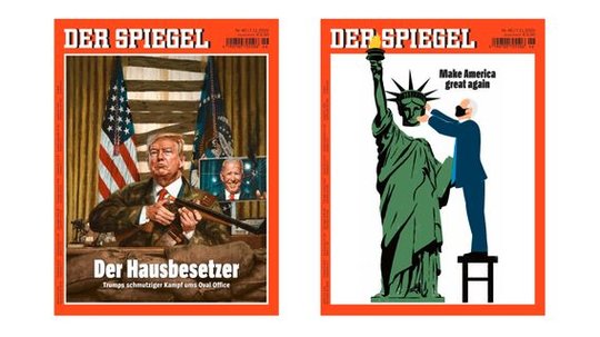 Banges Warten gab es nicht nur in den US-Wahlbüros. Auch in den Redaktionen gab es tagelange Unsicherheit. Beim «Spiegel» wurden deshalb zwei Titelbilder vorbereitet...