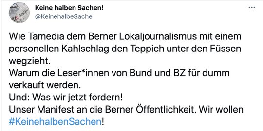 Der Protestaccount der Berner Redaktionen, @KeinehalbeSache, hat schon nach wenigen Stunden 200 Follower gesammelt... (Bild: Screenshot Twitter)