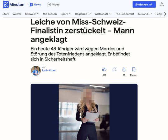 Die Ermordete war 2008 Miss-Schweiz-Finalistin und Unternehmerin...  (Bild: 20min.ch/Screenshot)