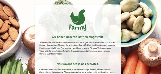 Restrukturierung des Online-Hofladens brachte keinen Erfolg: Nach Konkurs 100 Angestellte betroffen...   (Screenshot: farmy.ch)