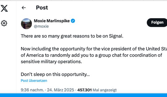 Signal-Gründer Moxie Marlinspike twittert bei Elon Musk: «Es gibt so viele gute Gründe, Signal zu benutzen...» (Bild: Screenshot X)