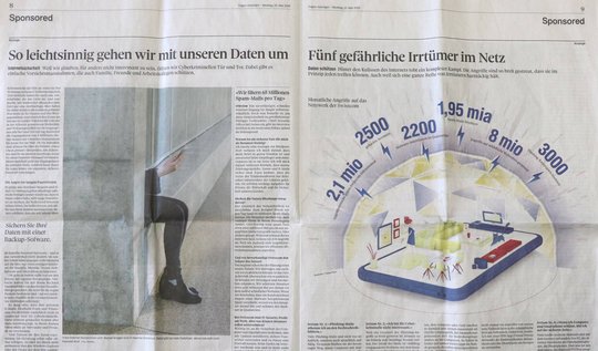 Der «Sponsored»-Hinweis am Seitenkopf genüge nicht,  um das doppelseitige Inserat auf den ersten Blick als bezahlte Werbung zu identifizieren...