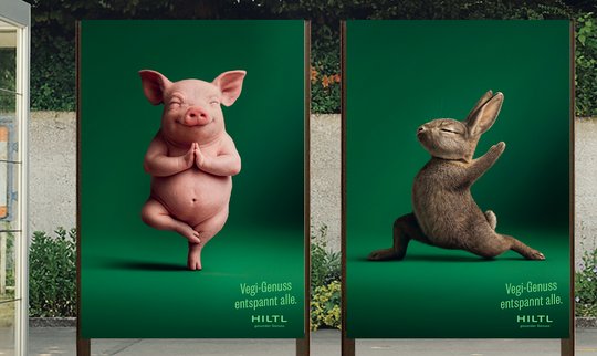 Namaste statt Nackensteak: Das Zürcher Vegi-Restaurant Hiltl wirbt mit tierischen Yogis