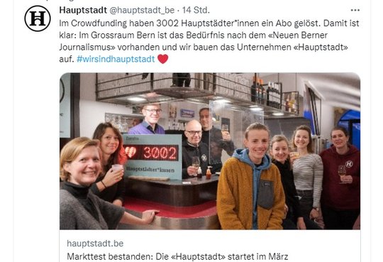 Die «Hauptstadt» ist eine Reaktion auf den Zusammenschluss der Redaktionen von «Berner Zeitung» und «Bund»...               (Screenshot Twitter)