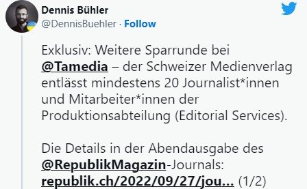 Die «Republik» zählt weitere Entlassungen. Tamedia beschwichtigt, diese seien Teil eines bereits 2020 angekündigten Sparprogramms...         