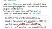 Die verärgerte Antwort von Pink Cross auf den Tweet der Nachrichtenagentur Keystone-SDA... (Bild: Screenshot twitter.com)